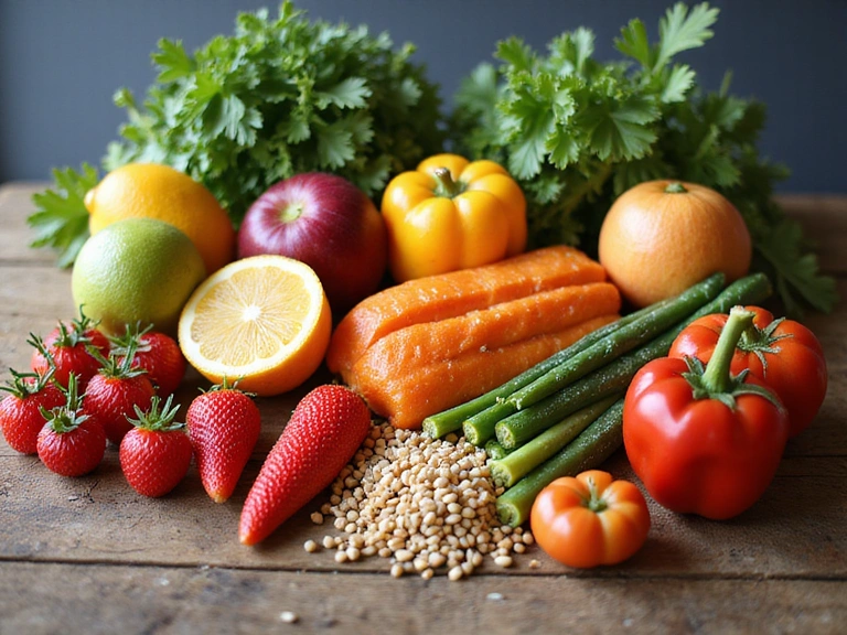 Μια ποικιλία από φρέσκα, πολύχρωμα και υγιεινά τρόφιμα, όπως φρούτα, λαχανικά και δημητριακά, τοποθετημένα αρμονικά σε ξύλινο τραπέζι, με φυσικό φως να τονίζει την φρεσκάδα τους.
