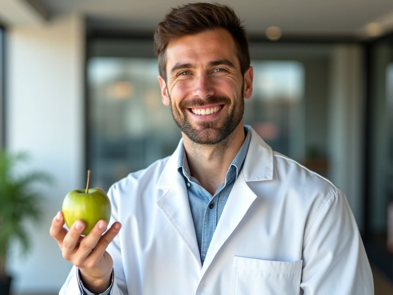 Επιστήμονας διατροφολόγος που χαμογελάει και κρατάει ένα φρέσκο μήλο, συμβολίζοντας την υγιεινή διατροφή και την ευεξία.