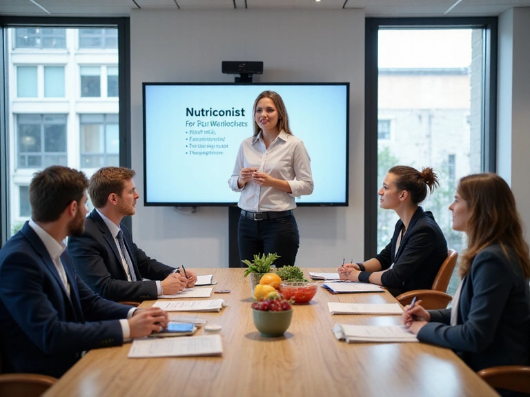 Εικόνα επαγγελματιών σε ένα εταιρικό περιβάλλον που συζητούν για διατροφικά προγράμματα, με έναν διατροφολόγο να παρουσιάζει σε μια ομάδα.