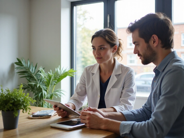 Εικόνα ατομικής συμβουλευτικής, ένας διατροφολόγος συζητά με έναν πελάτη σε ένα φωτεινό γραφείο.
