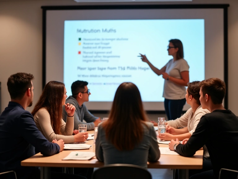 Εικόνα μιας ομάδας ανθρώπων που παρακολουθούν ένα διαδραστικό σεμινάριο διατροφής, με έναν ομιλητή να παρουσιάζει σε μια οθόνη.